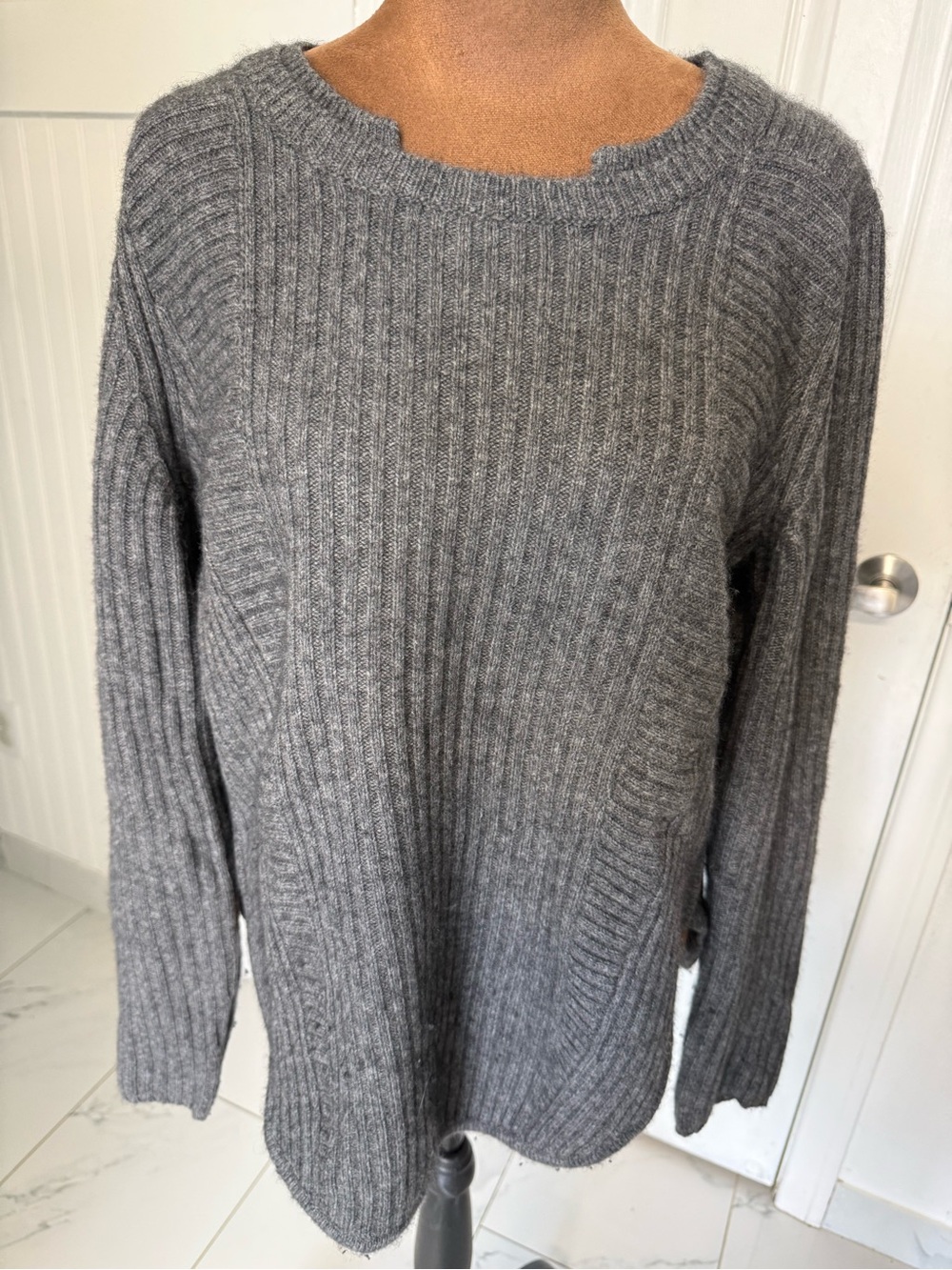 Neiman Marcus Gray Ribbed Crewneck Sweater